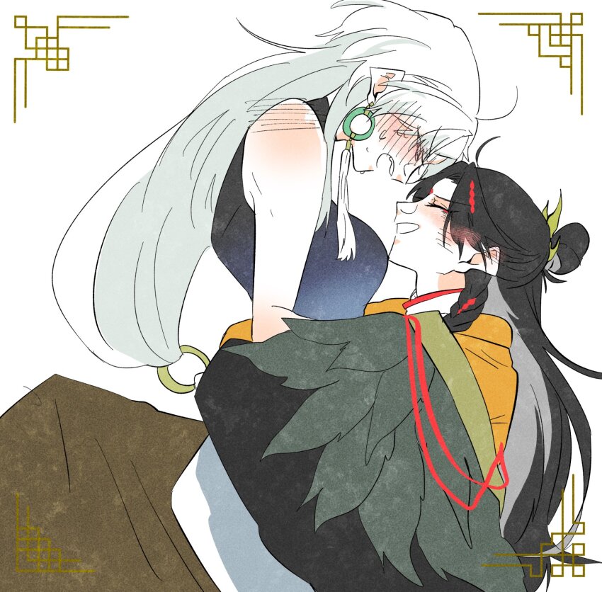 2girls bare_arms black_dress black_hair blush braid breasts closed_eyes commentary dress du_ruo_(path_to_nowhere) earrings from_side grin highres hug jewelry long_hair medium_breasts multiple_girls open_mouth orange_robe path_to_nowhere profile robe shoulder_blush side_braid simple_background sitting sitting_on_lap sitting_on_person sleeveless sleeveless_dress smile white_background white_hair yao_(path_to_nowhere) yonatori yuri