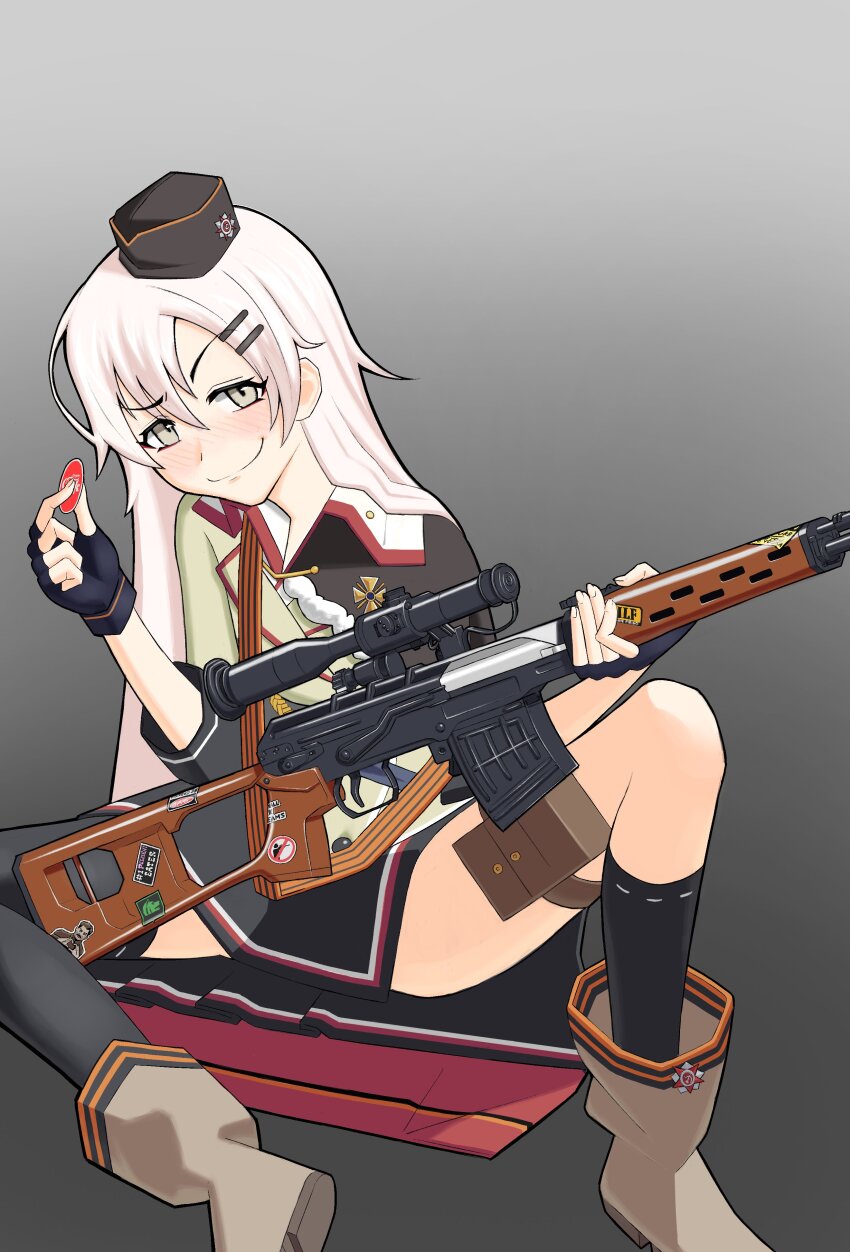 1girl absurdres asymmetrical_legwear black_gloves black_hat black_skirt black_socks black_thighhighs blush boots closed_mouth commentary dragunov_svd english_commentary fingerless_gloves garrison_cap girls&#039;_frontline gloves gradient_background grey_background grey_eyes gun hair_ornament hairpin hat highres holding holding_gun holding_weapon looking_at_viewer medal multiple_hairpins red_star rifle scope sitting skirt smile sniper_rifle socks solo star_(symbol) sticker svd_(girls&#039;_frontline) thighhighs tschako weapon white_background white_hair