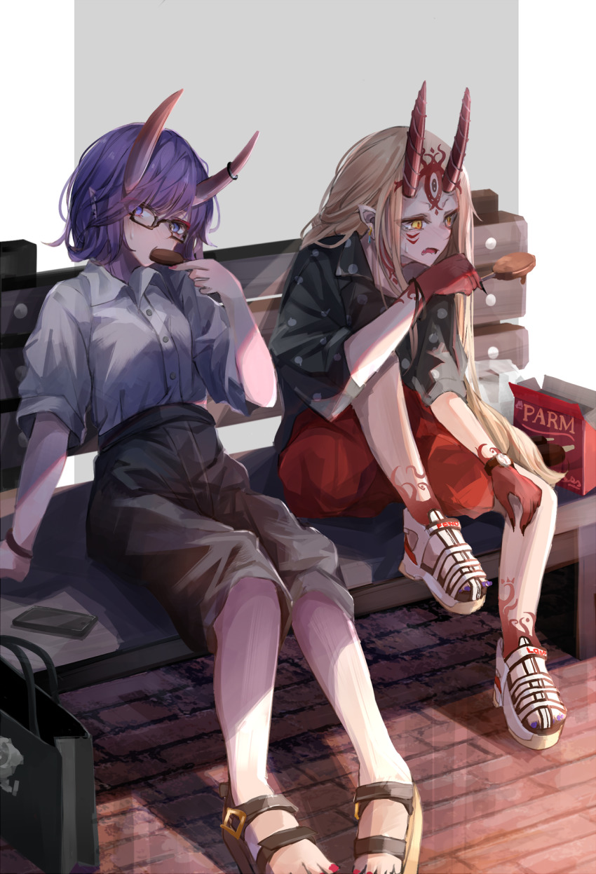 2girls alternate_costume bench blonde_hair blouse bracelet bracer capri_pants contemporary earrings eating fate/grand_order fate_(series) food highres ibaraki_douji_(fate) ice_cream jewelry legs long_hair looking_at_viewer looking_away miyabino_(miyabi1616) multiple_girls on_bench open_mouth pants purple_eyes purple_hair shirt shoes short_hair shuten_douji_(fate) shuten_douji_(onmyoji) sitting sweat tattoo watch white_footwear white_shirt wings yellow_eyes