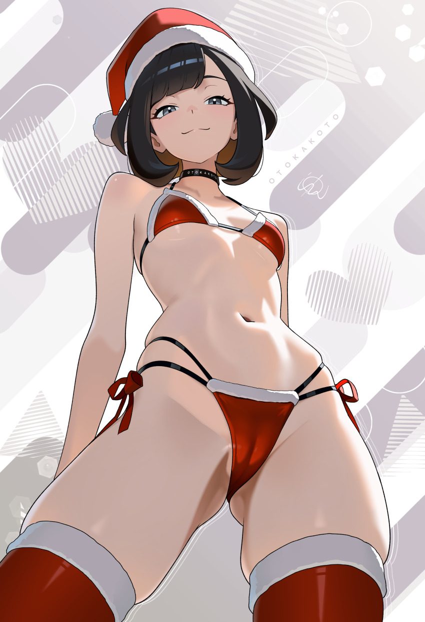 1girl absurdres bikini black_choker black_hair breasts cameltoe choker christmas closed_mouth commentary english_commentary fur-trimmed_bikini fur_trim grey_eyes hat highres hip_bones looking_at_viewer navel nintendo otokakoto pokemon pokemon_sm red_bikini red_thighhighs santa_bikini santa_costume santa_hat selene_(pokemon) short_hair skindentation small_breasts smile solo stomach swimsuit thighhighs thighs