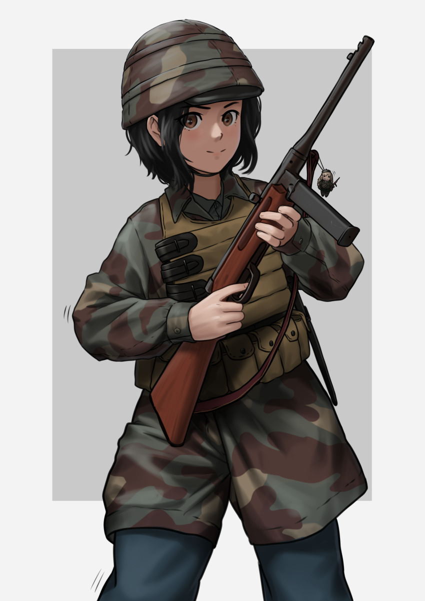 1girl absurdres ammunition_pouch belt beretta_model_38 beretta_model_38_(girls&#039;_frontline) black_hair brown_eyes camouflage charm_(object) chibi commentary commission english_commentary girls&#039;_frontline gun highres italy kaibokan looking_at_viewer mab_38 military_combat_uniform military_uniform outside_border paratrooper pouch real_life soldier solo submachine_gun vest weapon when_you_see_it world_war_ii