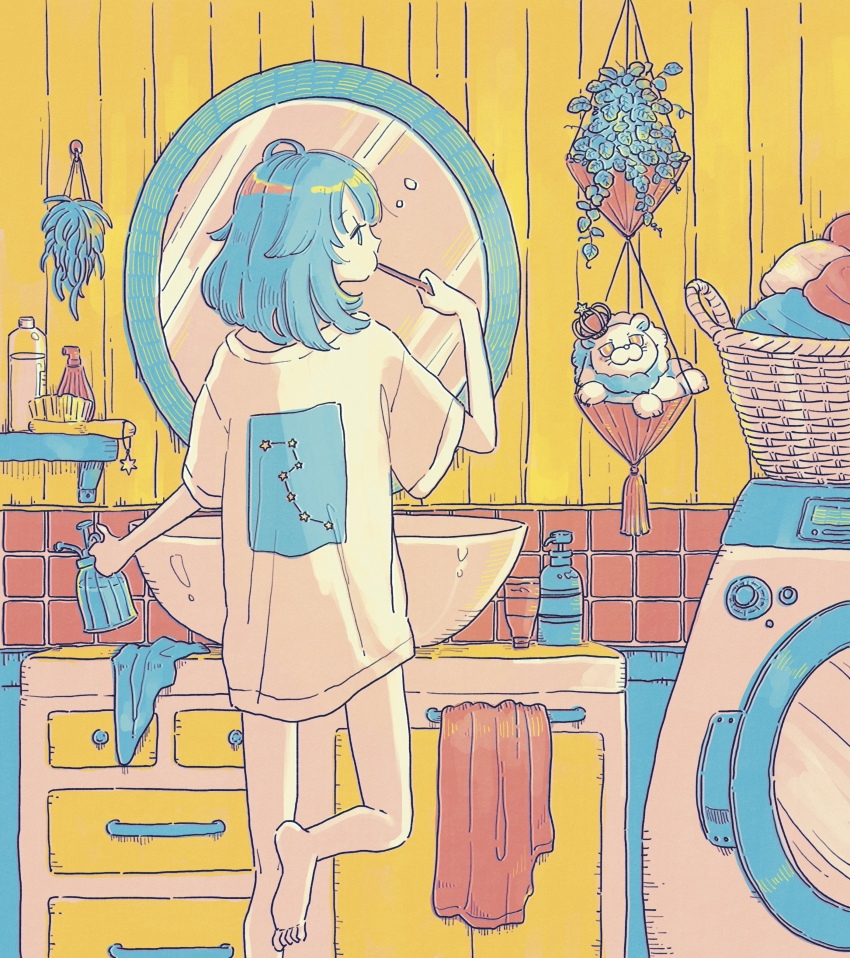 1girl absurdres barefoot basket bathroom blue_hair brushing_teeth from_behind hanging_plant highres holding hoshimura_hotaru indie_virtual_youtuber indoors laundry_basket limited_palette medium_hair mirror port_(portzzz) procreate_(medium) retro_artstyle scenery shirt short_sleeves sink sleepy slice_of_life soap_dispenser solo stuffed_toy toothbrush towel virtual_youtuber washing_machine white_shirt