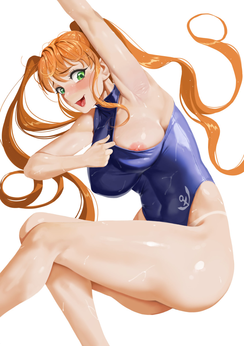 1girl absurdres arm_up armpits ass blue_one-piece_swimsuit blush breasts clothes_pull competition_swimsuit covered_navel green_eyes highleg highleg_one-piece_swimsuit highres large_breasts last_origin long_hair looking_at_viewer moonlit nereid_(last_origin) nipple_slip nipples nose_blush one-piece_swimsuit one-piece_swimsuit_pull one_breast_out open_mouth orange_hair simple_background smile solo swimsuit thighs tongue tongue_out twintails very_long_hair wet wet_clothes white_background