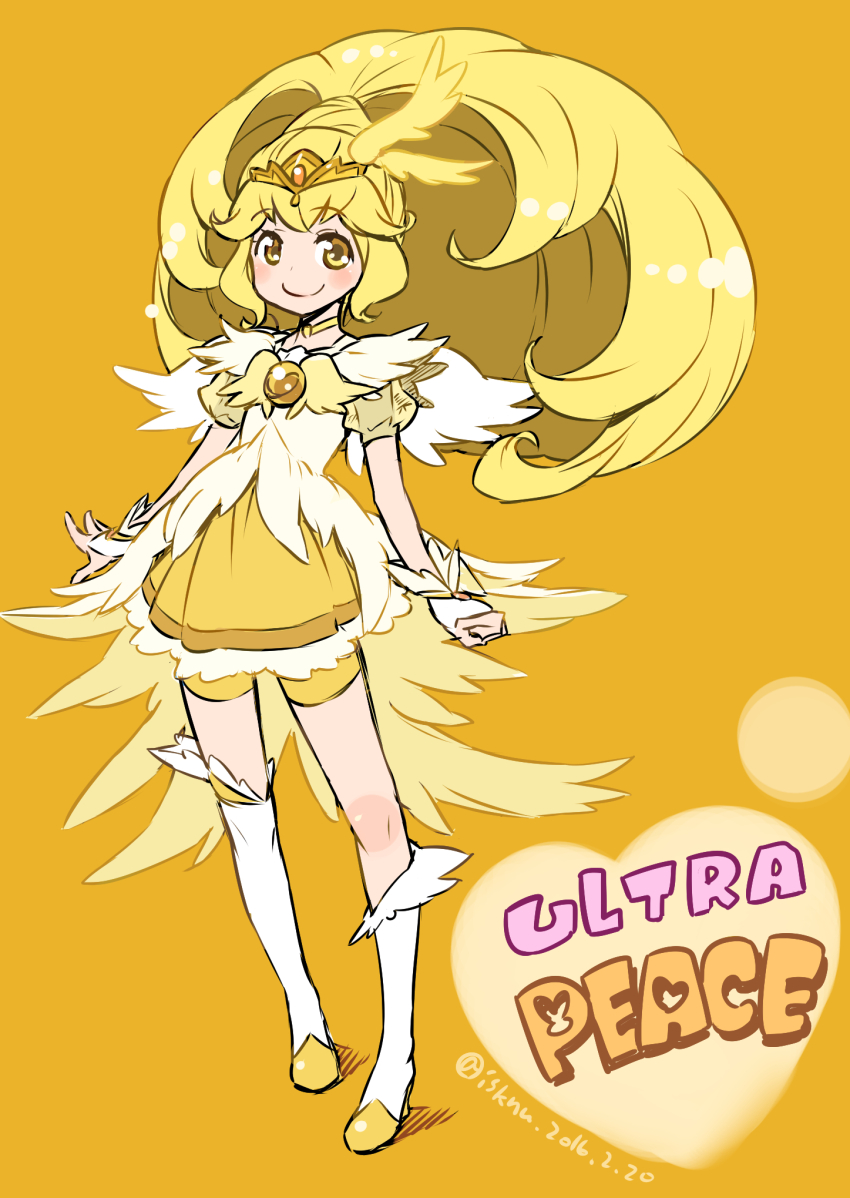 1girl 2016 artist_name bike_shorts bike_shorts_under_skirt blonde_hair boots character_name choker commentary_request cure_peace dated dress eyelashes fingerless_gloves gloves hair_ornament happy high_heel_boots high_heels highres isedaichi_ken kise_yayoi knee_boots kneehighs long_hair looking_at_viewer magical_girl ponytail precure puffy_short_sleeves puffy_sleeves short_sleeves shorts shorts_under_dress sketch skirt smile smile_precure! socks solo standing twitter_username wrist_cuffs yellow_background yellow_choker yellow_dress yellow_eyes yellow_skirt yellow_theme