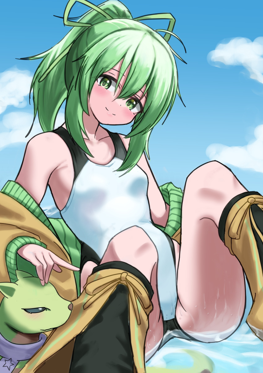 1girl absurdres black_leg_warmers blue_sky breasts duel_monster green_eyes green_hair head_tilt highres jacket leg_warmers looking_at_viewer marshallbanana_(mashallbanana9) ocean one-piece_swimsuit partially_submerged sitting_on_water sky small_breasts smile solo swimsuit wet white_one-piece_swimsuit wynn_(yu-gi-oh!) wynn_the_wind_charmer yellow_jacket yu-gi-oh!