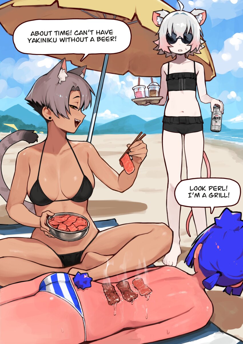 1girl 3girls absurdres ahoge animal_ear_fluff animal_ears asahi_breweries ass bare_arms bare_shoulders barefoot beach beach_umbrella bear_ears bear_girl bear_tail beer_can bikini black_bikini black_shorts blue_hair blue_sky bowl brand_name_imitation breasts can cat_ears cat_girl cat_tail chopsticks cloud commentary cooking cowboy_shot crop_top crossed_bangs cup dark-skinned_female dark_skin day disposable_cup drink_can earrings english_commentary english_text feet flat_chest food frilled_shorts frills gradient_hair grey_hair grey_tail grilling gris_(vertigris) hair_between_eyes half-closed_eyes halterneck highres holding holding_bowl holding_can holding_chopsticks indian_style jewelry kara_(vertigris) large_breasts low_ponytail lying meat mountainous_horizon mouse_ears mouse_girl mouse_tail multicolored_hair multiple_girls navel ocean on_stomach open_mouth original outdoors perl_(vertigris) pink_hair ponytail profile round_eyewear sand shirt shore short_hair short_ponytail short_shorts shorts sidelocks sideways_mouth sitting sky sleeveless sleeveless_shirt speech_bubble standing string_bikini striped_bikini striped_clothes stud_earrings sunburn sunglasses sweatdrop swimsuit tail tail_raised teeth topless_female two-tone_hair umbrella upper_teeth_only vertigris yakiniku yellow_eyes