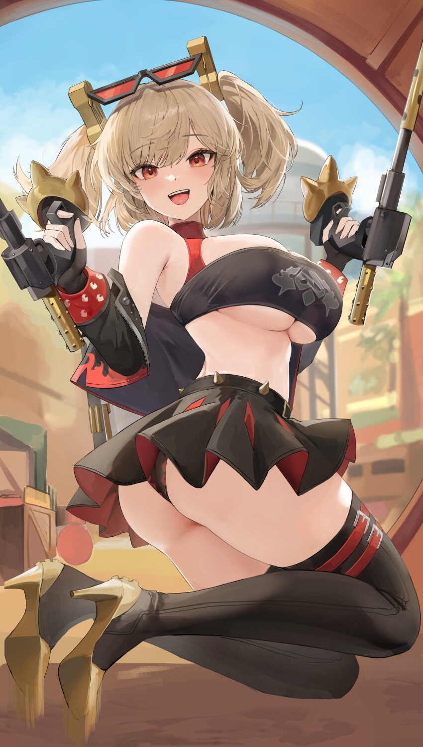1girl :d absurdres armpit_crease ass bare_shoulders black_jacket black_panties black_skirt black_tube_top blonde_hair blue_sky boots breasts burnice_white collar commentary cropped_jacket day dual_wielding eyewear_on_head flame_print flamethrower hair_ornament high_heel_boots high_heels highres holding holding_flamethrower holding_weapon jacket jumping large_breasts lillly looking_at_viewer medium_hair midair miniskirt off_shoulder open_clothes open_jacket open_mouth orange-tinted_eyewear orange_eyes outdoors panties red_collar skirt sky smile solo strapless sunglasses teeth thigh_boots thighs tinted_eyewear tube_top twintails underboob underwear upper_teeth_only zenless_zone_zero