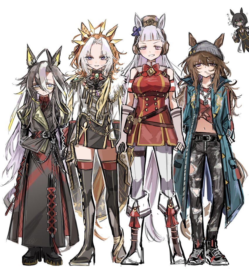 5girls absurdres ahoge animal_ears beanie black_dress black_footwear black_hair black_jacket black_pants black_skirt blue_eyes blunt_bangs boots bow bowtie breasts brown_hair denim dice dice_necklace dream_journey_(umamusume) dress ear_bow ear_covers ears_through_headwear gold_ship_(umamusume) green_eyes grey_hair grey_hat hair_between_eyes hair_intakes hand_in_pocket hat high_heel_boots high_heels highres horse_ears horse_girl horse_tail jacket jeans kin&#039;iro_ryotei_(umamusume) kumo_(mokumoku_warabi) lace_sleeves large_breasts long_hair long_skirt long_sleeves looking_at_viewer low_ponytail midriff multicolored_hair multiple_girls nakayama_festa_(umamusume) navel necklace orange_hair orfevre_(umamusume) pants pantyhose pillbox_hat ponytail purple_bow purple_eyes red_bow red_bowtie red_dress red_shirt shirt shoes simple_background single_ear_cover skirt sleeveless sleeveless_dress sneakers tail thigh_boots thumbs_up torn_clothes torn_jeans torn_pants torn_shirt two-tone_hair umamusume white_background white_footwear white_hair white_jacket white_pantyhose