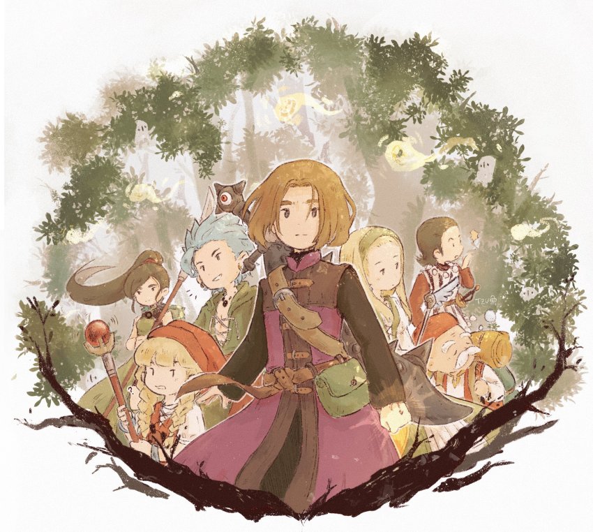 3girls 4boys ? backpack bag belt blonde_hair blue_eyes blue_hair braid brown_hair camus_(dq11) commentary dragon_quest dragon_quest_xi english_commentary facial_hair hair_intakes hair_over_shoulder hairband hat hero_(dq11) highres holding holding_staff long_hair looking_at_viewer martina_(dq11) multiple_boys multiple_girls mustache ponytail red_headwear row_(dq11) senya_(dq11) short_hair smile staff sylvia_(dq11) tree twin_braids tzururu veronica_(dq11) white_hair