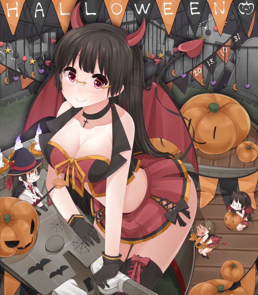 10s 25mm_triple_autocannon_mount 4girls :3 bare_shoulders bat_(animal) black_gloves black_hair black_legwear breasts broom brown_hair candy choker choukai_(kancolle) cleavage costume crescent_moon dated demon_girl demon_horns demon_tail demon_wings fairy_(kancolle) fake_horns fake_tail fake_wings food glasses gloves grave hair_ornament halloween halloween_costume hat heart highres horns jack-o&#039;-lantern kantai_collection large_breasts long_hair look-alike looking_at_viewer midriff mini_person minigirl moon multiple_girls hugging_object pleated_skirt pumpkin red_eyes ribbon rimless_eyewear semi-rimless_eyewear short_hair skilled_lookouts_(kancolle) skirt smile spider_web_print star_(symbol) tail thighhighs tombstone under-rim_eyewear wings witch_hat yukichi_(sukiyaki39) |_|