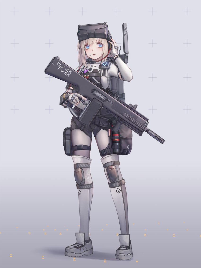 1girl aa-12 aa-12_(girls&#039;_frontline) absurdres alternate_costume ammunition automatic_shotgun blue_eyes bodysuit combat_shotgun extended_magazine girls&#039;_frontline grey_hair grey_shoes gun high-capacity_magazine highres shoes short_hair shotgun shotgun_shell solo weapon xyufsky