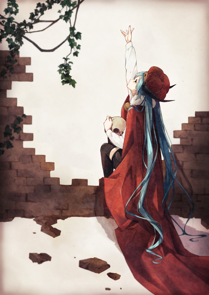 1girl absurdres arm_up bell blue_eyes blue_hair branch brick brick_wall cape crown from_behind fur-trimmed_cape fur_trim hatsune_miku highres holding holding_skull horns long_hair long_sleeves nagitofuu neck_bell reaching sitting skull solo the_beast_(vocaloid) thighhighs twintails very_long_hair vocaloid