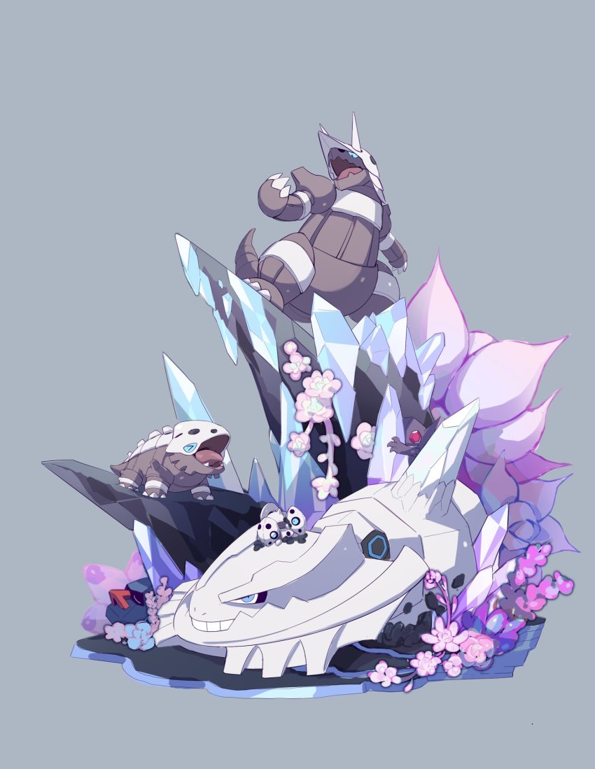 &gt;_&lt; aggron aron blue_eyes claws commentary_request crystal evolutionary_line fang flower gen_2_pokemon gen_3_pokemon grey_background highres lairon lanjiujiu looking_up mega_pokemon mega_steelix nintendo no_humans nosepass on_head open_mouth pink_flower pokemon pokemon_(creature) pokemon_on_head sableye standing steelix teeth tongue