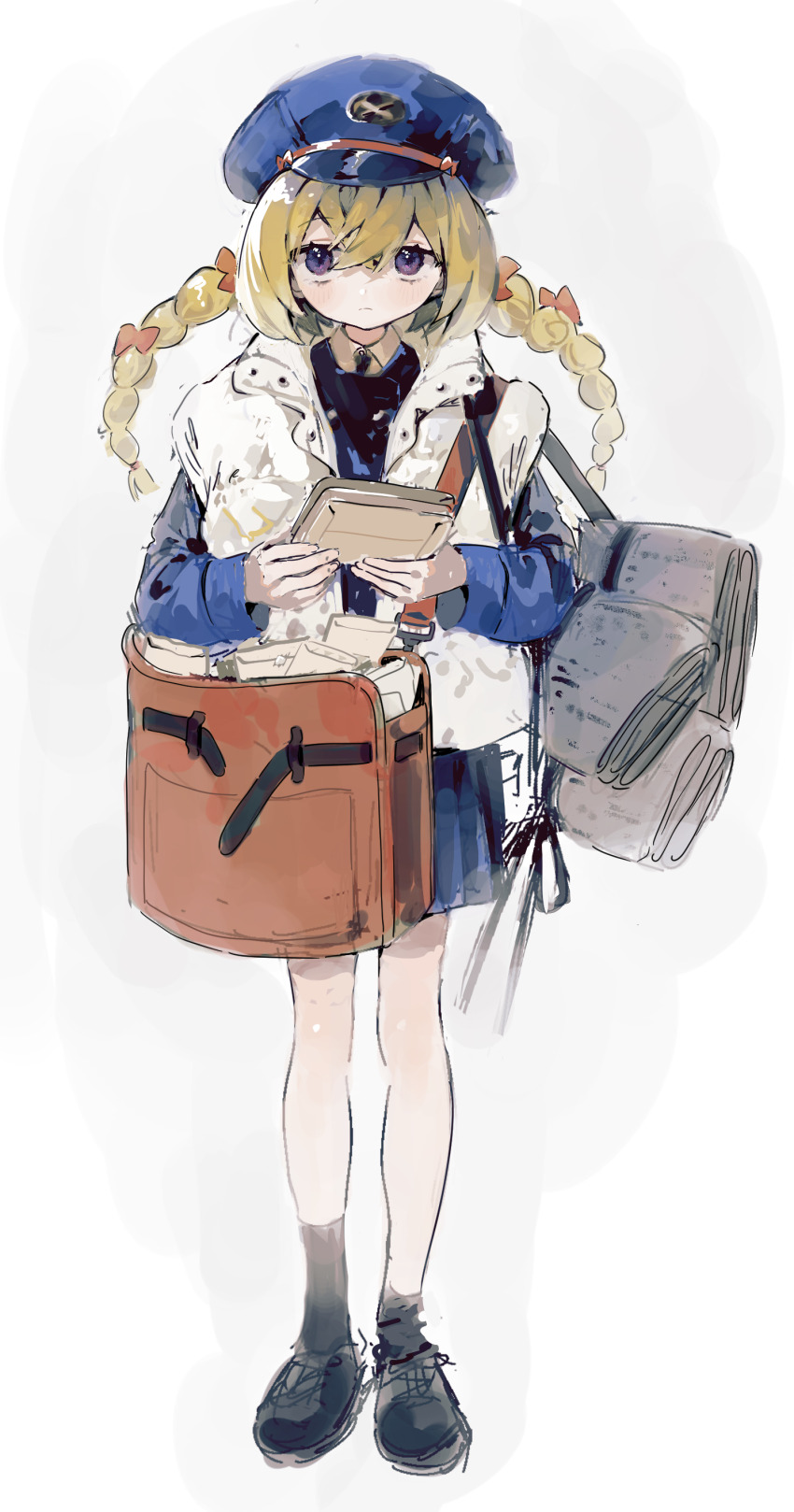 1girl absurdres bag black_necktie black_shoes black_socks blonde_hair blue_hat blue_jacket blue_shirt blue_skirt blue_vest blush bow box braid brown_bag newsboy_cap closed_mouth coat collared_shirt full_body hair_between_eyes hair_bow hair_ribbon hat highres holding holding_bag holding_box holding_newspaper jacket long_hair long_sleeves mailbag mailman mormormorp necktie newspaper open_clothes open_jacket original package pleated_skirt purple_eyes red_bow ribbon rolled_up_newspaper shirt shoes shoulder_bag simple_background sketch skirt socks solo standing twin_braids twintails vest white_background white_jacket wing_collar