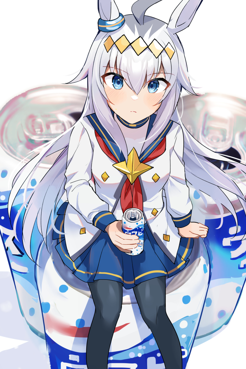 1girl absurdres akitsuki_(oenothera) animal_ears black_pantyhose blue_eyes blue_sailor_collar blue_skirt blush calpis can closed_mouth hair_between_eyes highres holding holding_can horse_ears horse_girl long_hair long_sleeves neckerchief oguri_cap_(umamusume) pantyhose pleated_skirt red_neckerchief sailor_collar sailor_shirt shirt silver_hair skirt solo umamusume white_background white_shirt