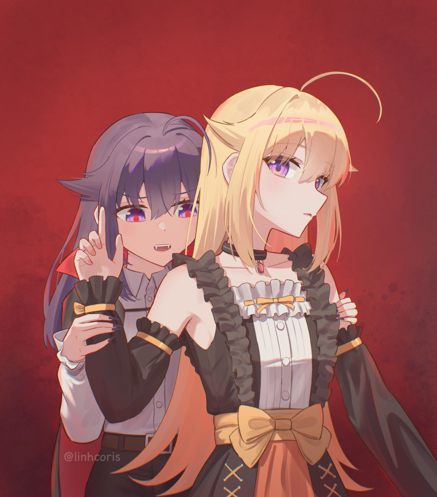 2girls absurdres ahoge black_cape blonde_hair breasts cape couple fangs halloween halloween_costume highres incest koshi_anko_(shikanoko) koshi_torako linhcoris long_hair long_sleeves multiple_girls open_mouth popped_collar pumpkin purple_eyes purple_hair red_eyes shikanoko_nokonoko_koshitantan shirt siblings sisters two-sided_cape two-sided_fabric vampire vampire_costume white_shirt