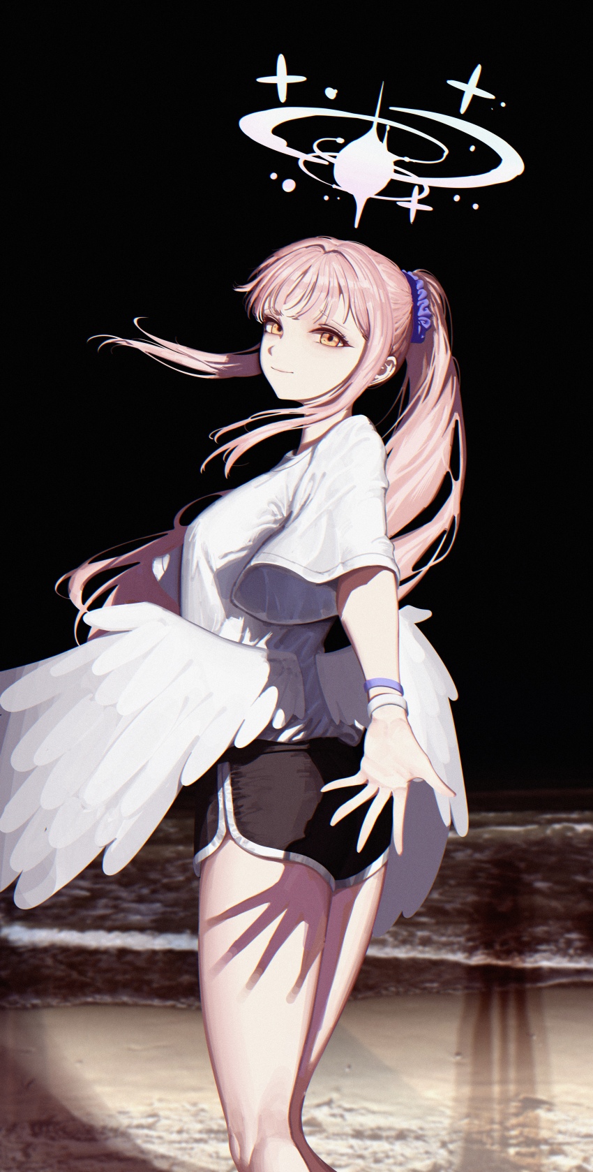 1girl absurdres alternate_costume alternate_hairstyle black_shorts blue_archive bracelet chojja closed_mouth feathered_wings from_behind hair_ornament hair_scrunchie highres jewelry long_hair looking_at_viewer mika_(blue_archive) multiple_bracelets pink_hair ponytail purple_scrunchie scrunchie shirt short_shorts short_sleeves shorts sidelocks smile solo t-shirt white_shirt wings yellow_eyes