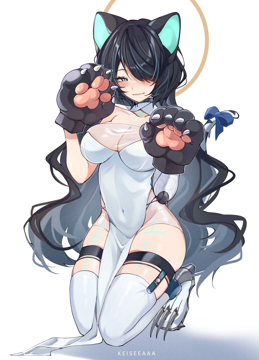 1girl absurdres animal_ears animal_hands aqua_eyes artist_name blush breasts clawed_feet cleavage colored_inner_hair commentary covered_navel dress english_commentary erina_makina garter_straps gloves grey_hair hair_over_one_eye halo highres keisea kneeling large_breasts long_hair looking_at_viewer multicolored_hair one_eye_covered paw_gloves pelvic_curtain phase_connect prosthesis prosthetic_arm ribbon second-party_source solo tail tail_ornament tail_ribbon thighhighs tiger_ears tiger_girl tiger_tail two-tone_hair very_long_hair virtual_youtuber wavy_hair white_background white_dress white_thighhighs