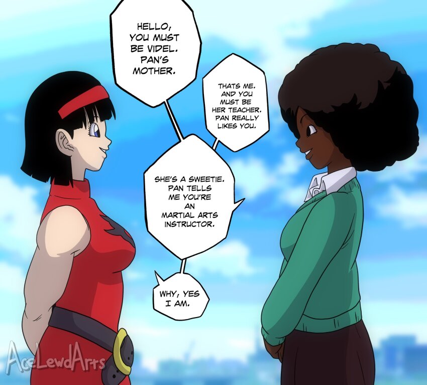 2girls acelewdarts afro belt blue_eyes dark-skinned_female dark_skin dragon_ball dragonball_z dress english_text hairband janet_(dragon_ball) multiple_girls skirt speech_bubble sweater videl