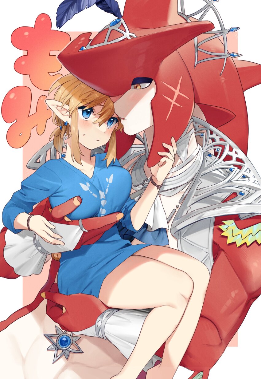 1boy 1girl bare_legs barefoot blue_eyes blue_shirt blush bracelet breasts collarbone colored_skin earrings feather_hair fish_boy genderswap genderswap_(mtf) hetero highres interspecies jewelry large_breasts link nintendo pointy_ears ponytail red_skin shirt sidon sweat the_legend_of_zelda the_legend_of_zelda:_breath_of_the_wild ttanuu. white_background zora