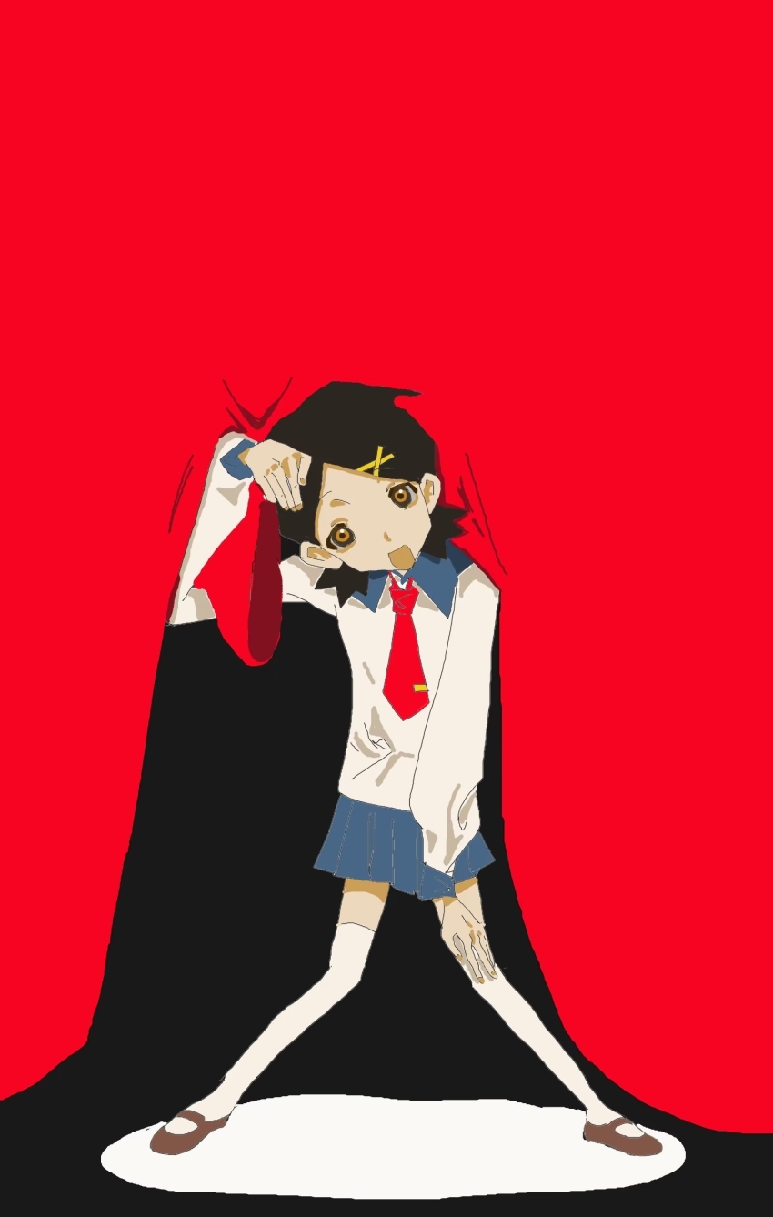 1girl absurdres black_hair blue_skirt brown_eyes brown_shoes collared_shirt curtains fingernails full_body fuura_kafuka hair_ornament hairclip hand_on_own_knee hand_up happy head_tilt highres legs_apart long_sleeves looking_at_viewer mary_janes miniskirt miyangs necktie open_mouth pleated_skirt puffy_long_sleeves puffy_sleeves red_necktie sayonara_zetsubou_sensei school_uniform shirt shoes short_hair skirt smile solo standing thighhighs tie_clip white_shirt white_thighhighs x_hair_ornament