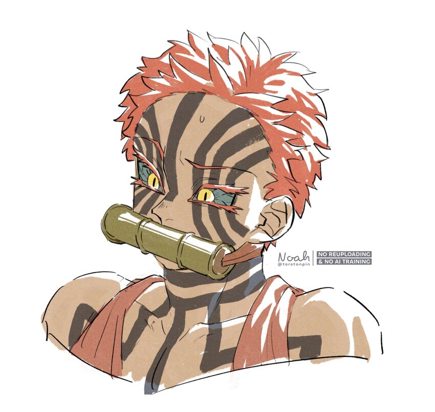 1boy akaza_(kimetsu_no_yaiba) bamboo blue_sclera collarbone colored_sclera facial_tattoo highres kimetsu_no_yaiba male_focus mouth_hold neck_tattoo noah_(rokoroko) pink_hair pink_vest short_hair simple_background solo spiked_hair sweatdrop tattoo upper_body vest white_background yellow_eyes