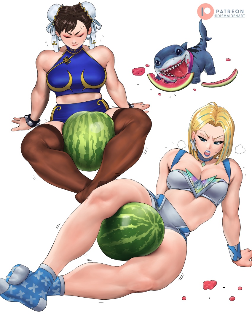 2girls absurdres blonde_hair blue_eyes blue_lips bra breasts capcom choker chun-li cleavage dismaiden earrings emma_frost food fruit highres jeff_(marvel) jewelry large_breasts lipstick long_hair makeup marvel marvel_rivals marvel_vs._capcom multiple_girls short_hair smile sportswear street_fighter thighhighs thighs underwear watermelon x-men