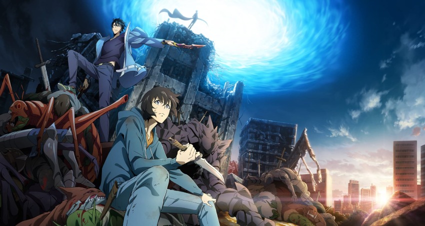 armor armored_boots black_hair blood blue_eyes blue_sky boots building closed_mouth cloud corpse dagger dead_animal destruction full_armor highres hood hoodie jacket knife long_sleeves male_focus multiple_persona official_art outdoors oversized_insect pants rubble scenery shirt shoes short_hair sitting sky solo_leveling sun sung_jin-woo sunrise sword weapon wormhole