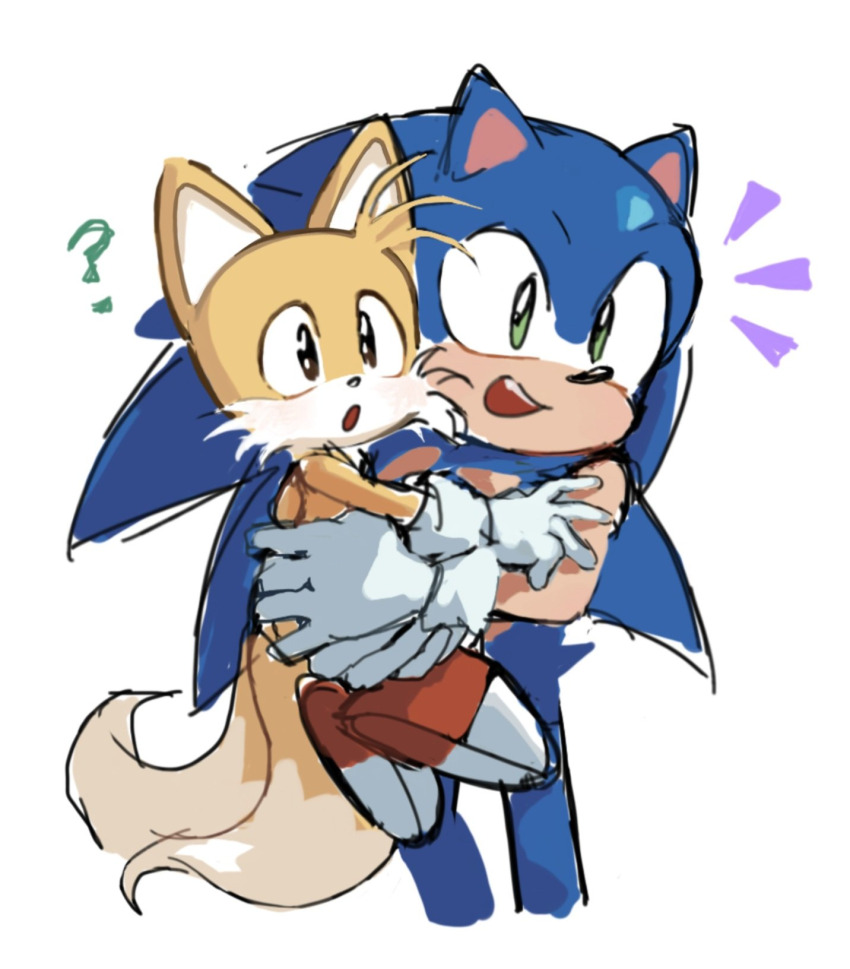 blonde_hair blue_fur blue_hair child fox gloves green_eyes hedgehog leum439 sega shoes size_difference smile socks sonic_(series) sonic_the_hedgehog tails_(sonic) yellow_fur
