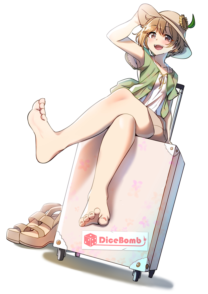 1girl :d aiba_yumi bare_legs barefoot blonde_hair blush breasts brown_hair brown_hat casino_(casinoep) character_request crossed_legs feet flower full_body green_jacket hat hat_flower high_heels highres idolmaster idolmaster_cinderella_girls jacket looking_at_viewer luggage non-web_source open_clothes open_jacket open_mouth rolling_suitcase sandals shirt shoes short_hair short_sleeves simple_background sitting small_breasts smile soles solo suitcase sun_hat sunflower toes unworn_sandals unworn_shoes wedge_heels white_background white_shirt