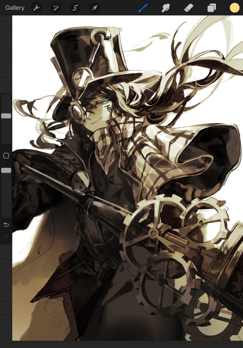 1boy bandana black_gloves black_hair black_hat black_vest blue_eyes brown_capelet brown_coat capelet coat gears gloves hat heterochromia highres holding holding_weapon hong_lu_(project_moon) kampuzu limbus_company limited_palette long_hair looking_at_viewer low_ponytail male_focus monocle plaid_capelet plaid_clothes ponytail project_moon simple_background smile solo standing steampunk top_hat upper_body vest watch weapon white_background white_bandana yurodiviye_(identity)_(project_moon)
