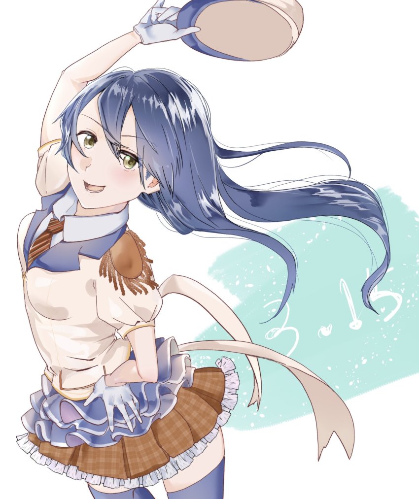 1girl artist_name artist_request asymmetrical_legwear blue_hair blue_necktie blue_thighhighs blush brown_thighhighs cowboy_shot epaulettes female_focus flower food food-themed_ornament frilled_skirt frills from_side fruit gloves hand_on_own_hip hat heart highres holding holding_unworn_clothes holding_unworn_hat kayumikayumi layered_skirt long_hair looking_at_viewer love_live! love_live!_school_idol_festival love_live!_school_idol_project mismatched_legwear necktie orange_(fruit) orange_slice parted_lips patterned_legwear peaked_cap pinstripe_pattern puffy_short_sleeves puffy_sleeves red_upholstery sash short_sleeves sitting skirt smile solo sonoda_umi strawberry striped_clothes striped_necktie striped_thighhighs thighhighs uneven_legwear unworn_hat unworn_headwear vertical-striped_clothes vertical-striped_thighhighs visor_cap visored_cap white_background white_gloves yellow_eyes
