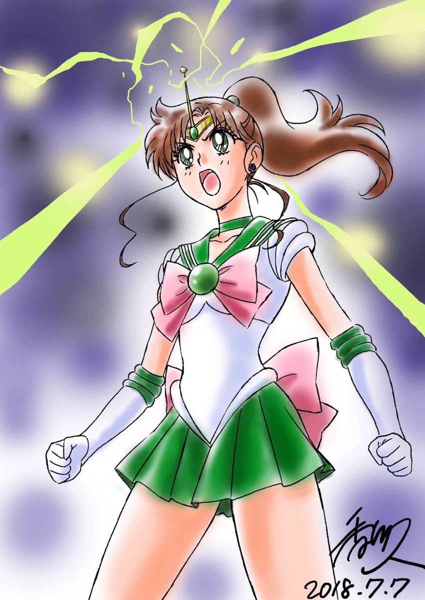 1girl 2018 bishoujo_senshi_sailor_moon bow brown_hair choker circlet clenched_hands dated earrings elbow_gloves female_focus gloves green_eyes highres jewelry kagawa_hisashi kino_makoto lightning lightning_rod long_hair magical_girl open_mouth pink_bow ponytail sailor_jupiter school_uniform serafuku serious signature solo