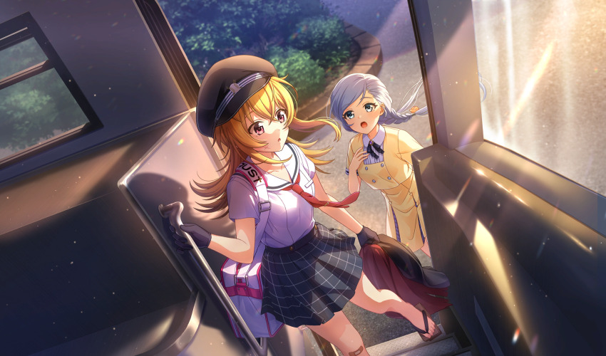 2girls bag bandaid bandaid_on_knee bandaid_on_leg black_gloves black_hat blonde_hair braid brown_eyes bus_interior cinderella_series dress dutch_angle eye_contact film_grain floating_hair gakuran gakuseibou game_cg geta gloves green_eyes grey_skirt hachigatsu_no_cinderella_nine hat highres holding holding_jacket holding_unworn_clothes iwaki_yoshimi jacket light_particles long_hair looking_at_another low_twin_braids multiple_girls necktie no_socks non-web_source official_art onizuka_kiri open_mouth plaid_clothes plaid_skirt pleated_skirt red_necktie sailor_collar satogahama_school_uniform school_uniform serafuku shirt short_sleeves shoulder_bag skirt standing summer_uniform twin_braids unworn_jacket white_bag white_hair white_sailor_collar white_shirt yellow_dress