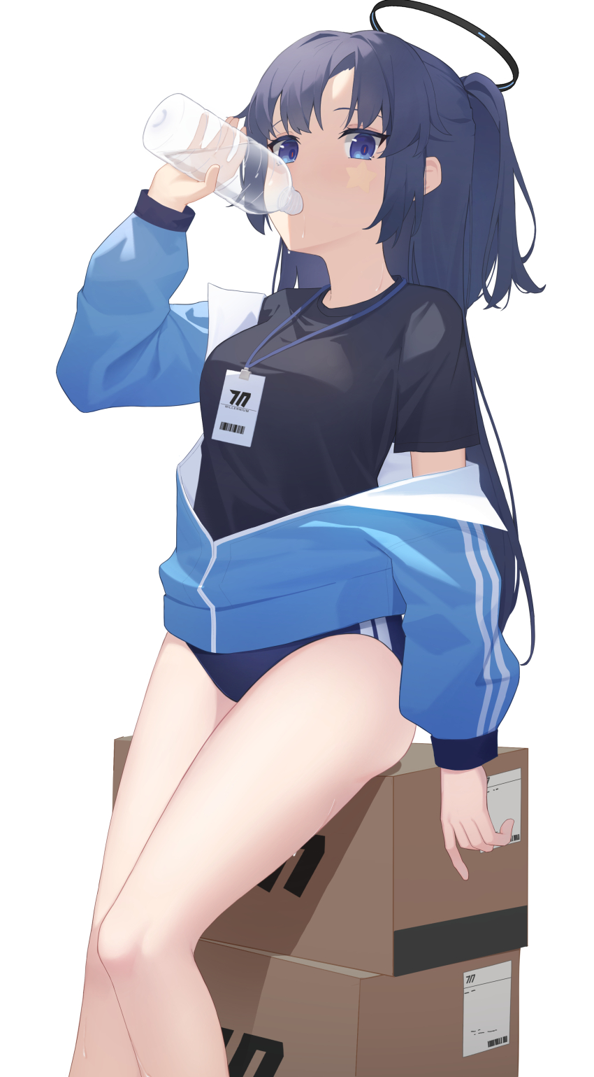 1girl absurdres bare_legs black_halo black_shirt blue_archive blue_buruma blue_jacket bottle box breasts buruma cardboard_box collared_jacket commentary drinking feet_out_of_frame gym_uniform halo highres holding holding_bottle id_card jacket jacket_partially_removed knees legs ling_yin long_hair long_sleeves looking_at_viewer mechanical_halo medium_breasts millennium_science_school_logo official_alternate_costume on_box one_side_up parted_bangs partially_open_jacket puffy_long_sleeves puffy_sleeves purple_eyes purple_hair shirt short_sleeves sidelocks simple_background sitting sitting_on_box solo star_(symbol) star_sticker sticker_on_face sweat t-shirt track_jacket water_bottle white_background yuuka_(blue_archive) yuuka_(track)_(blue_archive) zipper