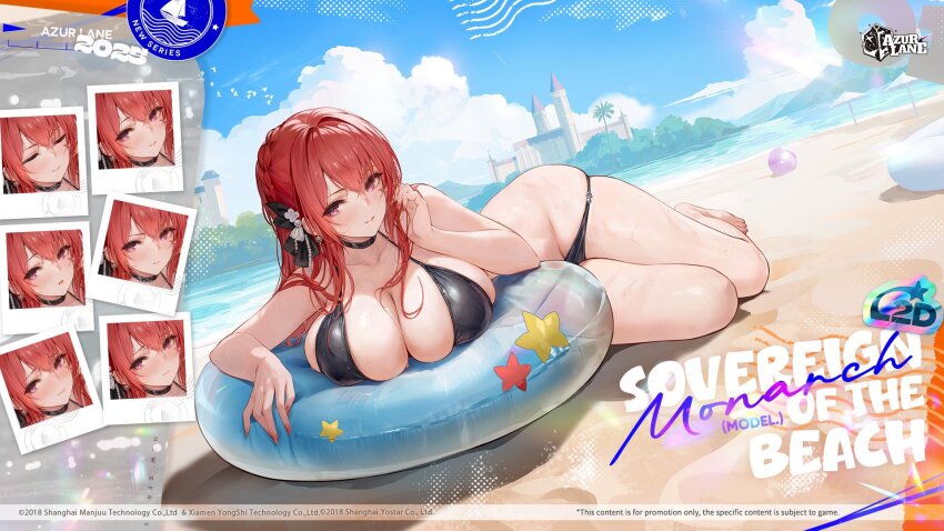 1girl 2025 azur_lane beach bikini black_bikini commentary copyright_logo english_commentary english_text highres long_hair looking_at_viewer monarch_(azur_lane) monarch_(sovereign_of_the_beach) monarch_(sovereign_of_the_beach)_(azur_lane) nail_polish official_alternate_costume official_alternate_hairstyle official_art red_hair second-party_source solo star_(symbol) swim_ring swimsuit