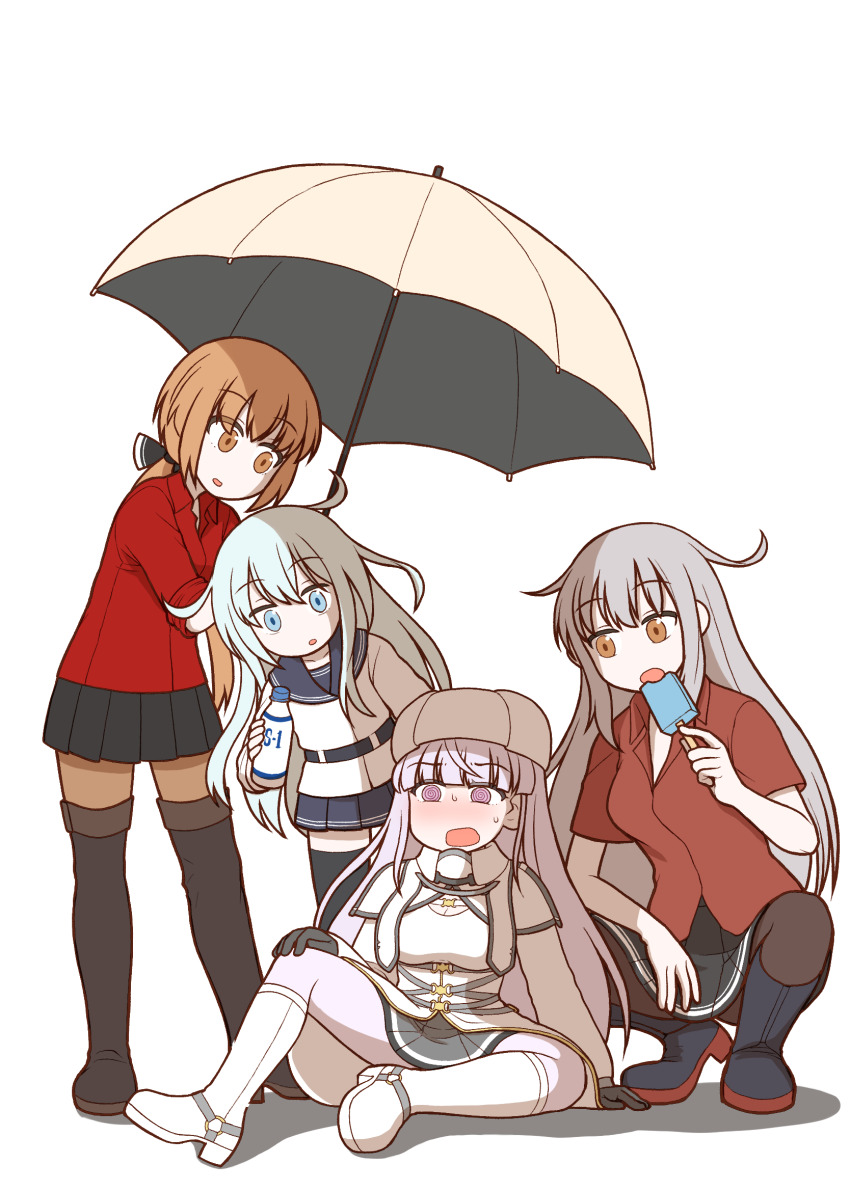 4girls black_boots black_gloves black_pantyhose black_sailor_collar black_skirt black_thighhighs blunt_bangs boots clothes_lift collared_shirt dress dress_lift fur_hat gangut_(kancolle) gloves grey_overskirt hat hibiki_(kancolle) highres kantai_collection kirov_(kancolle) long_hair multiple_girls nemu_(nemurakka) pantyhose papakha pink_eyes pink_hair pleated_skirt red_shirt sailor_collar school_uniform serafuku shirt simple_background sitting skirt tashkent_(kancolle) thigh_boots thighhighs umbrella verniy_(kancolle) white_background white_dress white_hat white_overskirt white_shirt
