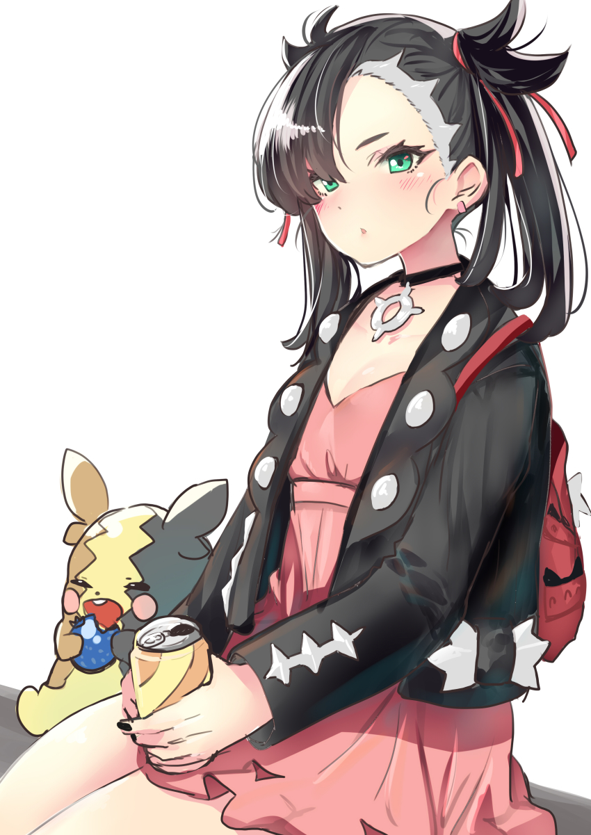 1girl :o absurdres asymmetrical_bangs backpack bag berry berry_(pokemon) black_choker black_jacket black_nails blush can choker commentary_request dress drink_can e-co earrings eating gen_8_pokemon green_eyes hair_over_one_eye hair_ribbon highres holding holding_can jacket jewelry long_hair long_sleeves looking_at_viewer marnie_(pokemon) morpeko morpeko_(full) nail_polish nintendo open_clothes open_jacket parted_lips pink_dress pokemon pokemon_(creature) pokemon_swsh red_ribbon ribbon simple_background sitting soda_can twintails white_background