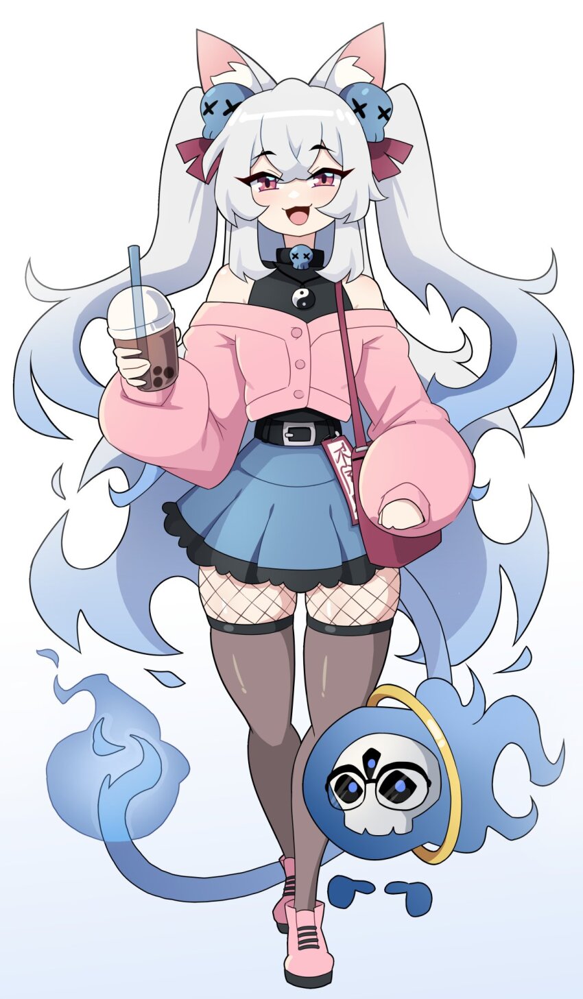 :3 animal_ears belt black_belt black_collar blue_background blue_skirt boots bubble_tea buttons cat_ears collar commission cup daigada fiery_tail fishnet_pantyhose fishnets frilled_skirt frills full_body gender_request gradient_background hair_ornament highres holding holding_cup jacket jewelry long_hair long_sleeves looking_at_viewer mascot necklace off-shoulder_jacket off_shoulder open_mouth original pantyhose pink_bag pink_boots pink_eyes pink_jacket pleated_skirt puffy_long_sleeves puffy_sleeves sidelocks skirt skull_collar skull_hair_ornament tail twintails white_background white_hair white_wings wings yin_yang