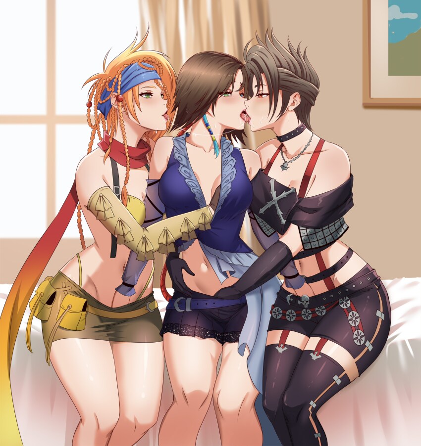 3girls absurdres bed bikini blonde_hair blue_eyes brown_hair collar commentary commission detached_sleeves english_commentary fff_threesome final_fantasy final_fantasy_x final_fantasy_x-2 fingerless_gloves french_kiss girl_sandwich gloves grabbing_another&#039;s_breast green_eyes grey_hair groping group_sex hand_in_another&#039;s_clothes hand_in_another&#039;s_skirt heterochromia highres jewelry kiss leofoxart miniskirt multiple_girls necklace official_alternate_costume paine_(ff10) red_eyes rikku_(ff10) saliva saliva_trail sandwiched scarf short_shorts shorts sitting skirt studded_collar swimsuit thighs thong threesome tongue tongue_out variant_set yellow_bikini yuna_(ff10) yuri