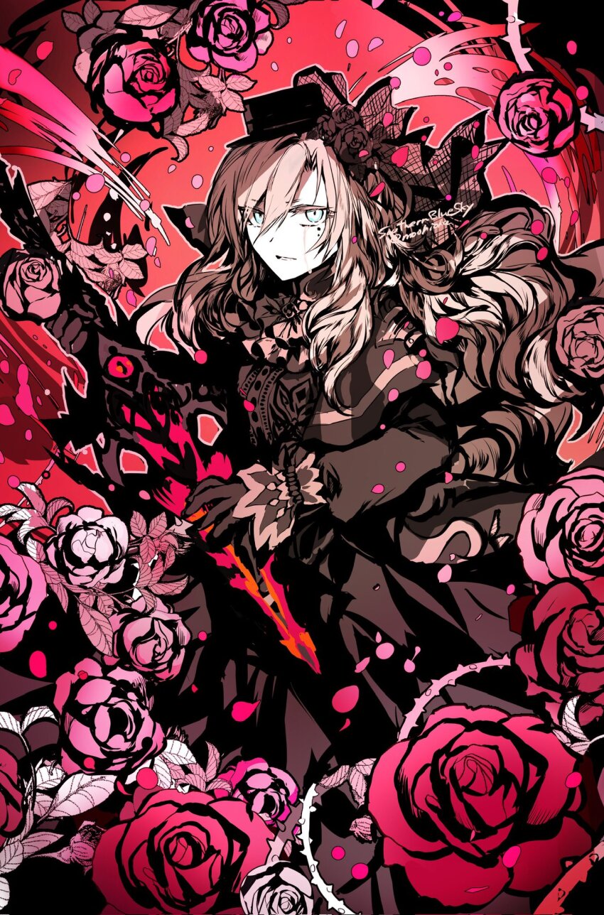 1girl balmung_kriemhild_(fate) black_dress black_hat blue_eyes crying crying_with_eyes_open dress fate/grand_order fate_(series) flower grey_hair hat highres kriemhild_(fate) kriemhild_(first_ascension)_(fate) long_hair looking_at_viewer plant red_flower red_rose rioka_(southern_blue_sky) rose solo tears thorns vines
