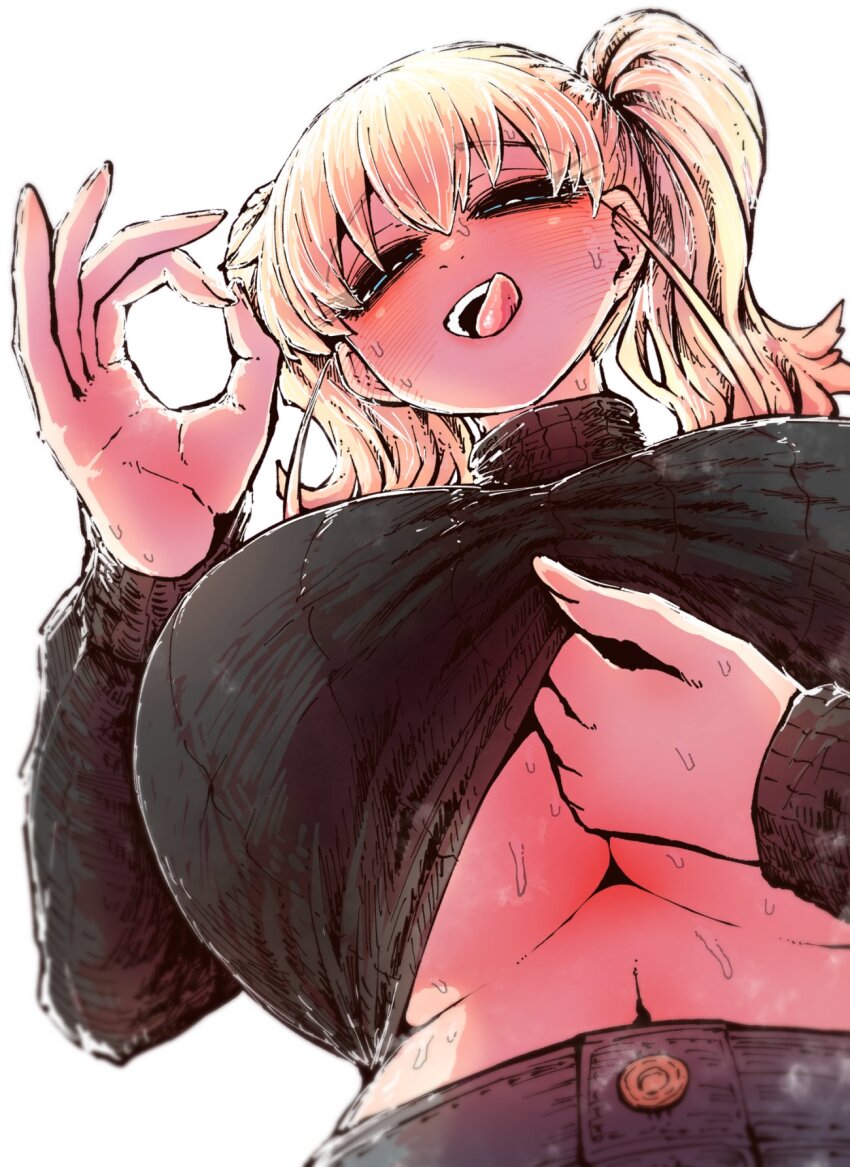 1girl black_sweater blonde_hair blue_eyes blush breasts clothes_lift commentary_request denim highres huge_breasts jeans kanzaki_akane_(ss_kabushikigaisha) large_breasts licking_lips long_hair long_sleeves looking_at_viewer naughty_face ok_sign open_mouth pants ribbed_sweater sexually_suggestive ss_kabushikigaisha sweater sweater_lift tongue tongue_out twintails zyugoya