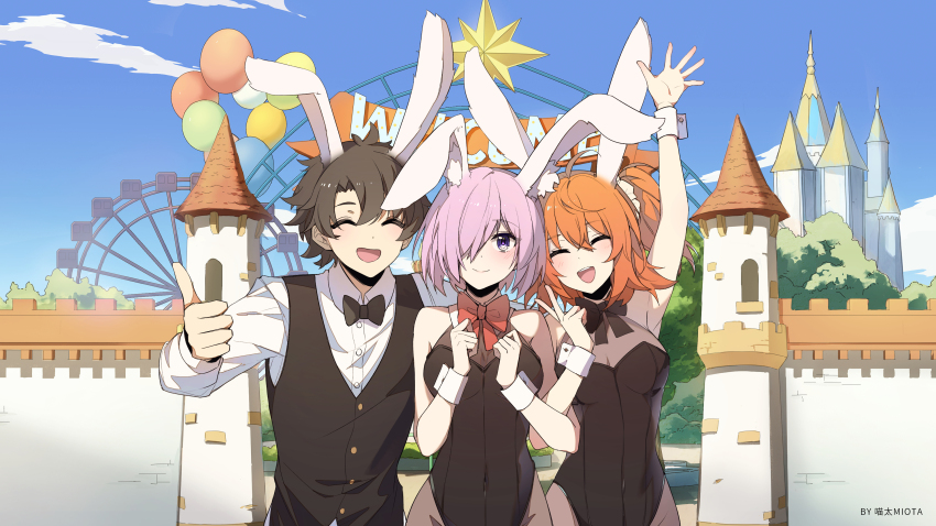 1boy 2girls absurdres ahoge alternate_costume animal_ears arm_up artist_name bare_shoulders black_bow black_bowtie black_hair black_leotard black_vest blue_sky bow bowtie breasts buttons chinese_zodiac closed_eyes closed_mouth cloud commentary_request darkcatowo day fate/grand_order fate_(series) ferris_wheel fujimaru_ritsuka_(female) fujimaru_ritsuka_(male) hair_ornament hair_over_one_eye hair_scrunchie highres kemonomimi_mode leotard light_purple_hair long_sleeves looking_at_viewer mash_kyrielight medium_breasts multiple_girls one_eye_covered open_mouth orange_hair playboy_bunny purple_eyes rabbit_ears red_bow red_bowtie scrunchie shirt short_hair side_ponytail sky smile strapless strapless_leotard v vest white_scrunchie white_shirt wrist_cuffs year_of_the_rabbit