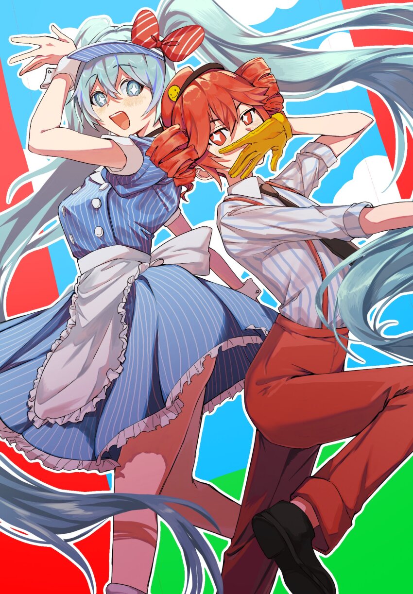 2girls alternate_costume apron arm_up black_choker black_necktie black_shoes blue_background blue_eyes blue_hat blush bow breasts buttons choker cloud collared_shirt commentary_request double-breasted double-parted_bangs drill_hair foot_out_of_frame gloves green_background hair_between_eyes hand_up hat hatsune_miku highres ka_nikama32 kasane_teto leg_up long_hair looking_at_another looking_at_viewer medium_breasts mesmerizer_(vocaloid) multiple_girls necktie open_mouth pants pinstripe_bow pinstripe_hat pinstripe_pattern puffy_short_sleeves puffy_sleeves red_background red_bow red_hat red_pants shirt shoes short_sleeves smiley_hat_ornament standing standing_on_one_leg star-shaped_pupils star_(symbol) striped_clothes striped_shirt suspenders symbol-shaped_pupils teeth twin_drills twintails upper_teeth_only utau very_long_hair visor_cap vocaloid waist_apron white_apron white_wrist_cuffs wing_collar wrist_cuffs yellow_gloves