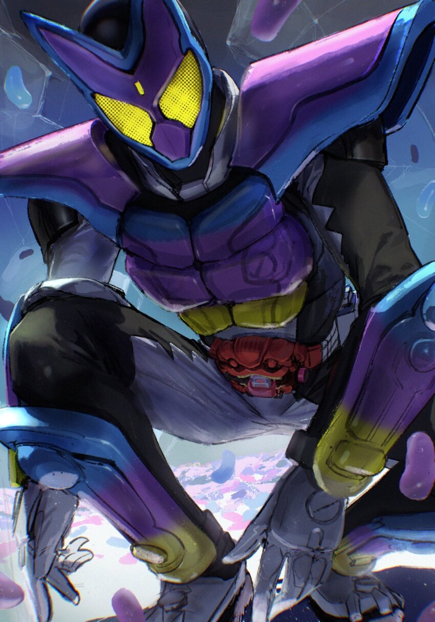 1boy adk-em armor bandai bandai_namco bodysuit candy compound_eyes food gochizou grey_bodysuit gummy_candy henshin_belt_gavv highres ikanyoikanikan ishimori_prod jelly_bean kamen_rider kamen_rider_gavv kamen_rider_gavv_(poppingummy_form) kamen_rider_gavv_(series) looking_at_viewer male_focus poppin_gummy_gochizou purple_armor rider_belt solo squatting toei_company tokusatsu tv_asahi yellow_eyes