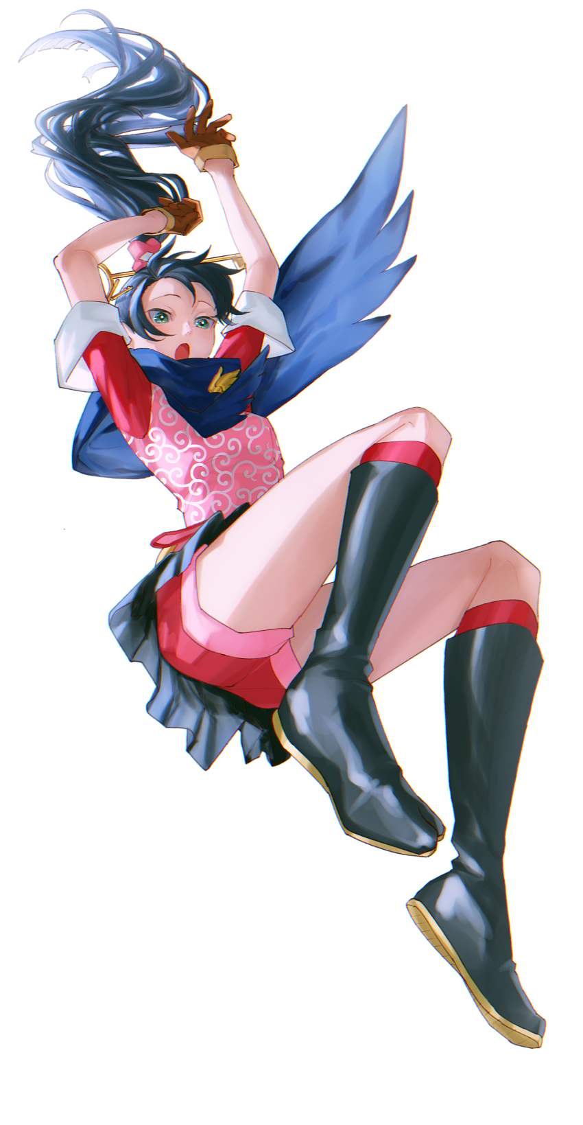 1girl absurdres ace_attorney ace_attorney_investigations black_hair boots floating_hair full_body gloves green_eyes hair_ornament high_ponytail highres karakusa_(pattern) kay_faraday key knee_boots long_hair miniskirt open_mouth pleated_skirt ponytail scarf shorts simple_background skirt solo white_background yymmawo_vv2