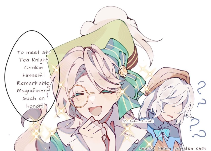 1boy 1girl beret blue_bow blue_bowtie blue_capelet blush bow bowtie capelet closed_eyes cookie_run cookie_run:_kingdom cream_puff_cookie eclair_cookie english_text green_headwear hair_bow hat long_hair monocle open_mouth orange_headwear sakiaoba simple_background smile sparkle very_long_hair white_background white_hair