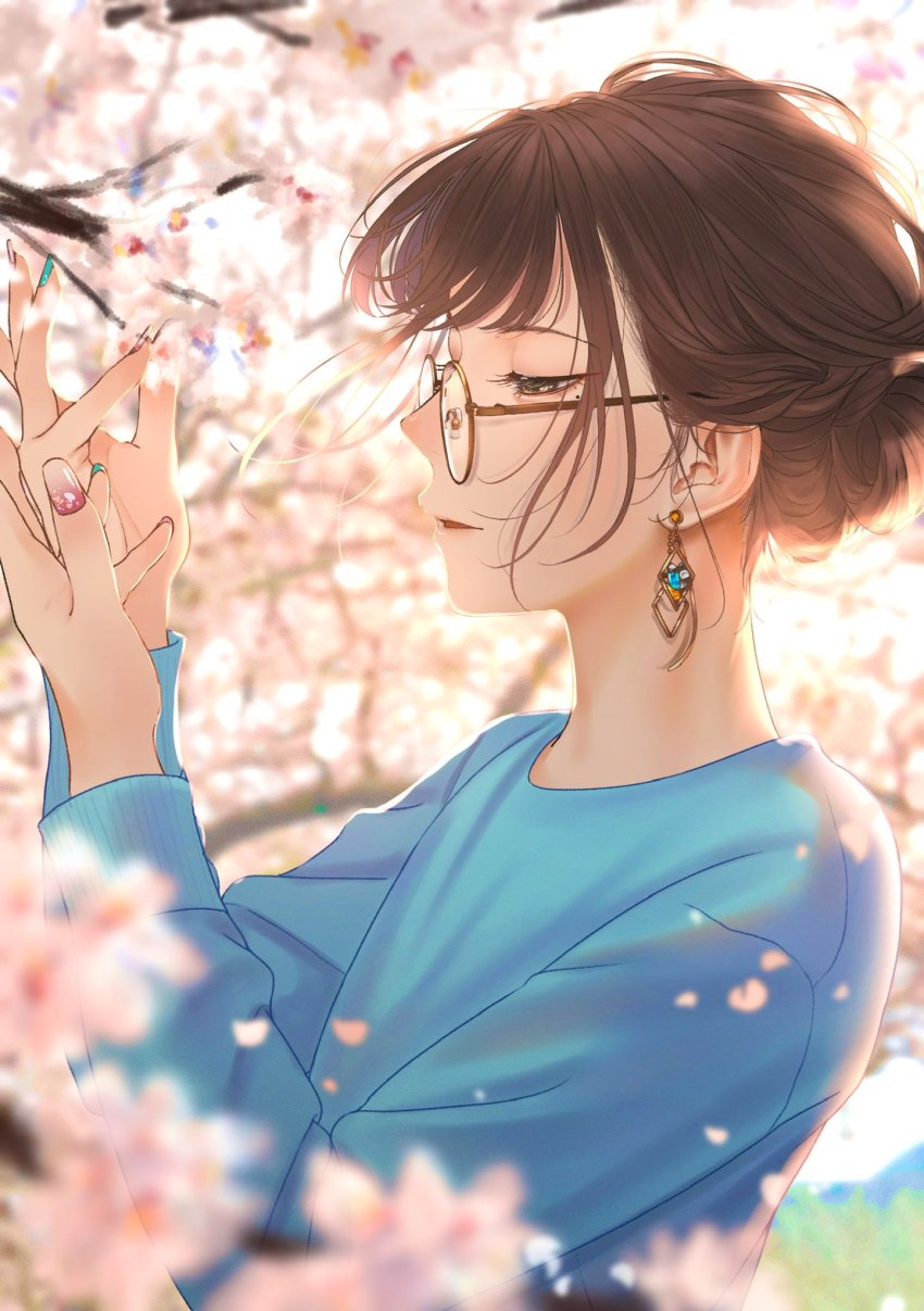 1girl blue_shirt blurry blurry_background brown_eyes brown_hair cherry_blossoms earrings flower glasses hands_up highres jewelry long_sleeves mole mole_under_eye nail_polish original outdoors parted_lips pink_flower round_eyewear saitou_(lynx-shrike) shirt short_hair smile solo tree