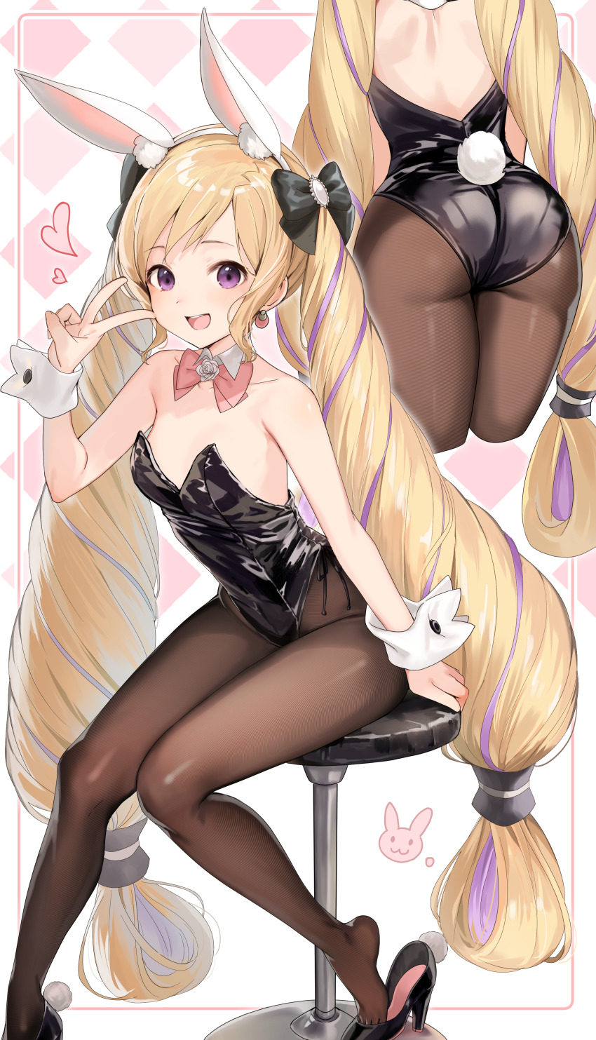 1girl :d absurdres animal_ears ass back bar_stool black_bow black_leotard black_shoes blonde_hair bow bowtie breasts brown_pantyhose detached_collar elise_(fire_emblem) fake_animal_ears fake_tail fire_emblem fire_emblem_fates hair_bow haru_(nakajou-28) high_heels highres leotard long_hair multiple_views nintendo on_stool open_mouth pantyhose pink_bow pink_bowtie playboy_bunny purple_eyes purple_hair rabbit_ears rabbit_tail second-party_source shoes sitting small_breasts smile stool strapless strapless_leotard tail tongue twintails unworn_shoes v white_wrist_cuffs wrist_cuffs