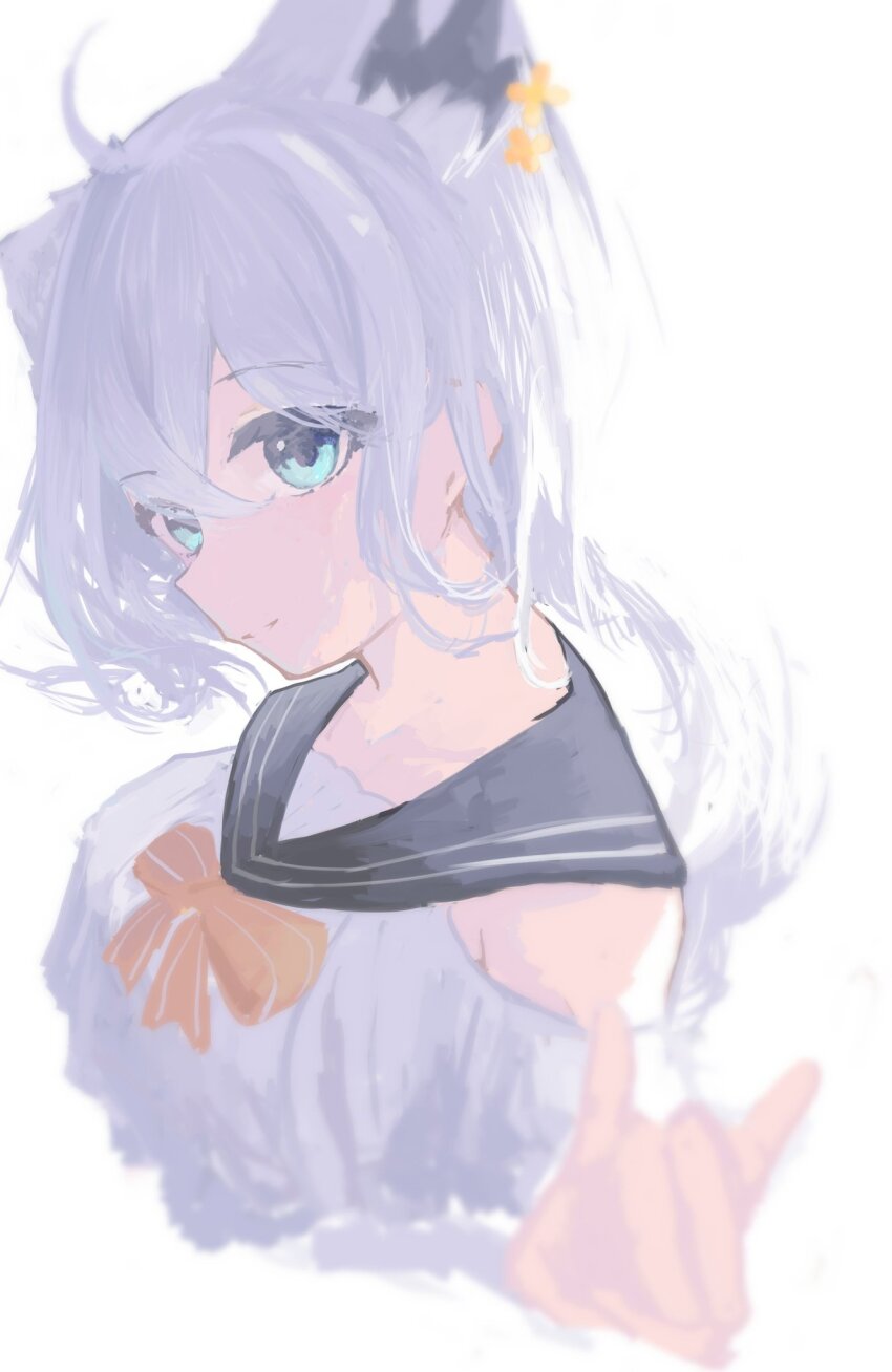 1girl ahoge animal_ears artist_request bow bowtie braid extra_ears fox_ears fox_girl fox_shadow_puppet fox_tail hair_between_eyes highres hololive holonatsu_paradise looking_at_viewer official_alternate_costume sailor_collar school_uniform shirakami_fubuki shirakami_fubuki_(holonatsu_paradise) shirt sidelocks simple_background smile solo tail virtual_youtuber white_background white_hair white_shirt